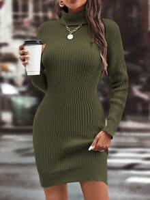 SHEIN Clasi 罗纹高领针织修身毛衣裙新年服装 - 軍綠色 - 查看 4