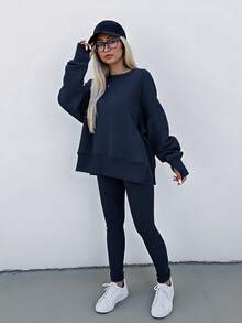 INAWLY 大码女式纯色圆领长袖运动衫和裤子休闲两件套，秋季 - 藏蓝色 - 查看 1