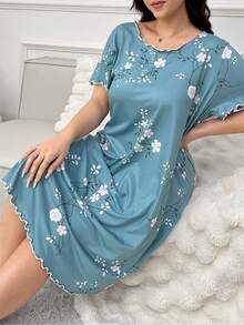 Plus Size Flower Printed Short Sleeve Sleep Dress Pajama Dress, Moo Moo