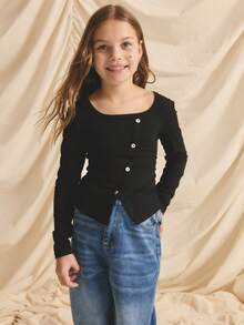 Tween Girl Solid Color Square Neck Fitted Long Sleeve T-Shirt - Black - View 6