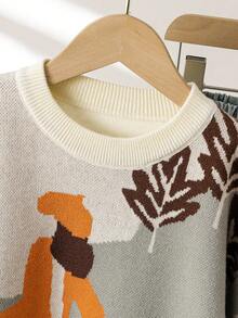 SHEIN Áo khoác cardigan xanh lá cây đa năng cho bé gái tuổi teen với họa tiết hoạt hình jacquard dễ thương - Áo len dệt kim dài tay cổ tròn mềm mại, nhẹ nhàng kiểu mới dành cho bé gái, thích hợp mặc hàng ngày và mùa thu/đông - Màu be - Xem 4