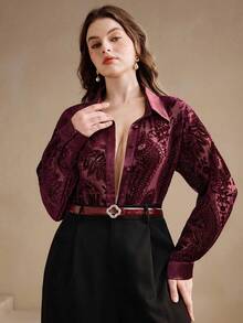 Anewsta Áo sơ mi nữ cỡ lớn màu đỏ vintage, chất liệu nhung, thiết kế họa tiết cháy xém, dáng rộng, thích hợp cho trang phục lễ hội, ngày Valentine, hoặc đi nghỉ mát. - Đỏ - Xem 5