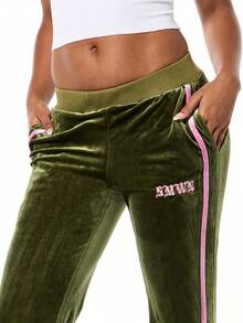 SUMWON WOMEN Velour Wide Leg Joggers With Pink Contrast Stripe And Star Design - Green - View 4