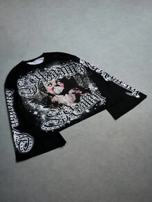 PAVTROS Áo thun tay dài in họa tiết thường ngày cỡ lớn dành cho nam, áo thun nam phong cách Gothic, áo crop top họa tiết, rộng thùng thình, họa tiết, bạn bè, thay thế, bạn bè, thời trang đường phố, dành cho nam, chạy bộ, nam cỡ lớn, ngoại cỡ - màu đen - Xem 1