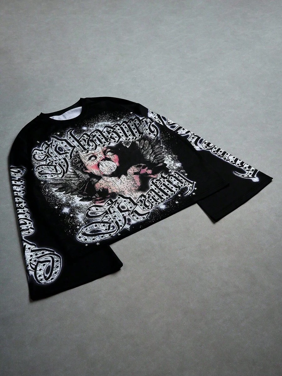 PAVTROS Áo thun tay dài in họa tiết thường ngày cỡ lớn dành cho nam, áo thun nam phong cách Gothic, áo crop top họa tiết, rộng thùng thình, họa tiết, bạn bè, thay thế, bạn bè, thời trang đường phố, dành cho nam, chạy bộ, nam cỡ lớn, ngoại cỡ - màu đen - Xem 1