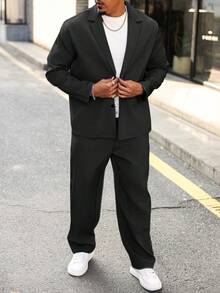 Manfinity Homme Conjunto de chaqueta y pantalones de talla grande para hombre, de unicolor, con cuello de solapa y manga larga, traje casual de otoño