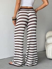 SHEIN Tall Striped Pattern Knotted Casual Versatile Wide Leg Knit Pants - Brown - View 2