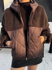Dazy Plus Abrigo acolchado y forrado térmicamente con capucha y bloques de color, de estilo casual y fashionable, tallas grandes para mujer, otoño/invierno - Marrón - Ver 5