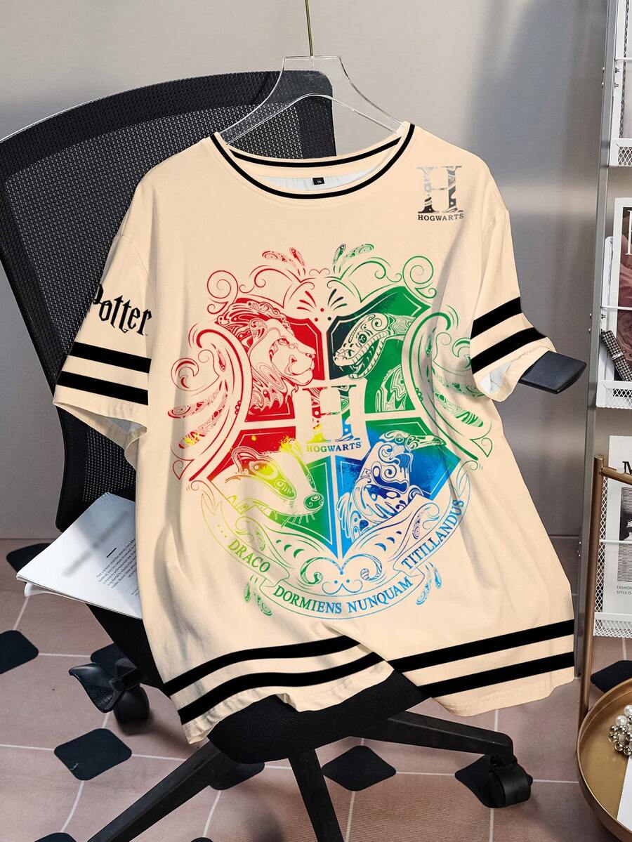 HARRY POTTER X SHEIN Plus Size Letter & Animal Print Casual Round Neck Short Sleeve T-Shirt - White - View 1