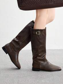 CUCCOO BIZCHIC 棕色方头粗跟通勤风格拉链中筒靴，时尚百搭女士秋冬款 - 棕色 - 查看 3