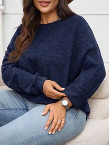 EMERY ROSE 大码女式纯色圆领落肩长袖休闲抓绒卫衣，秋冬新年圣诞派对保暖舒适，适合大码女式冬季穿着，新年外出，2025新款，简约时尚，日常穿着，大码冬季，圣诞节，新年，约会之夜