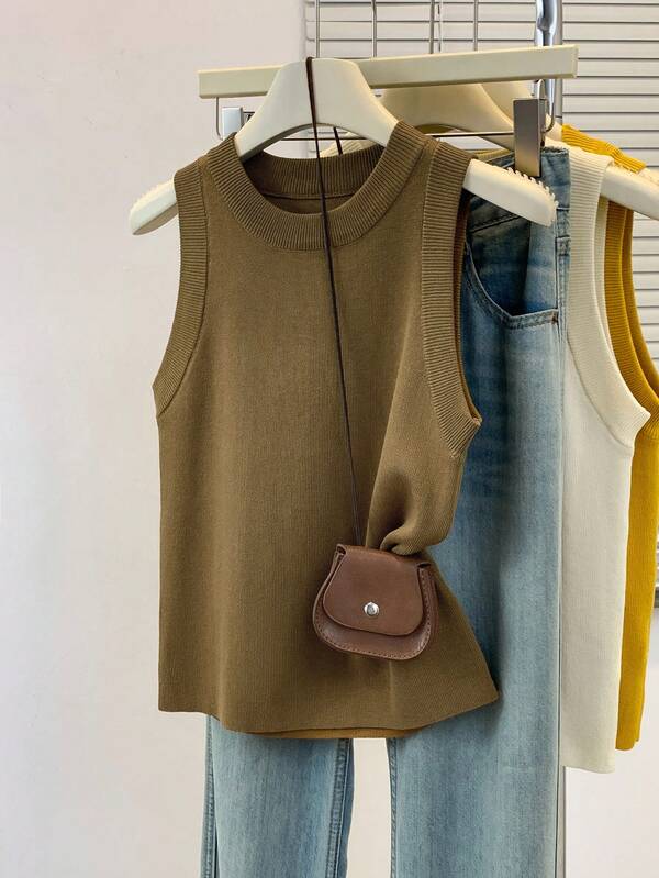 SHEIN Women's Solid Color Minimalist Sleeveless Knit Tank Top, Casual Everyday Wear