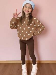 Cute Heart Print Tween Girl Casual Soft Thick Warm Crew Neck Long Sleeve Sweatshirt And Leggings Set, Suitable For Autumn/Winter Everyday And Holiday Wear