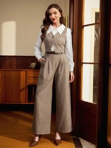 Vintamour 大码复古优雅女士两件套西装，带口袋和腰带，复古优雅背心外套上衣和裤子，休闲工作装，节日服装，女士冬季服装，女士冬季服装，圣诞节服装，女士圣诞节套装，圣诞节女士服装，新年服装，新年套装，新年女士服装，女士感恩节套装，优雅女士套装 - 棕色 - 查看 3