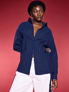 Normani Women's Navy Striped Drop Shoulder Long Sleeve Single-Breasted Back Cutout Tie Shirt Daily Wear,Fall Women Clothes,Sexy Women Tops,Business Casual Women - Navy Blue - View 2