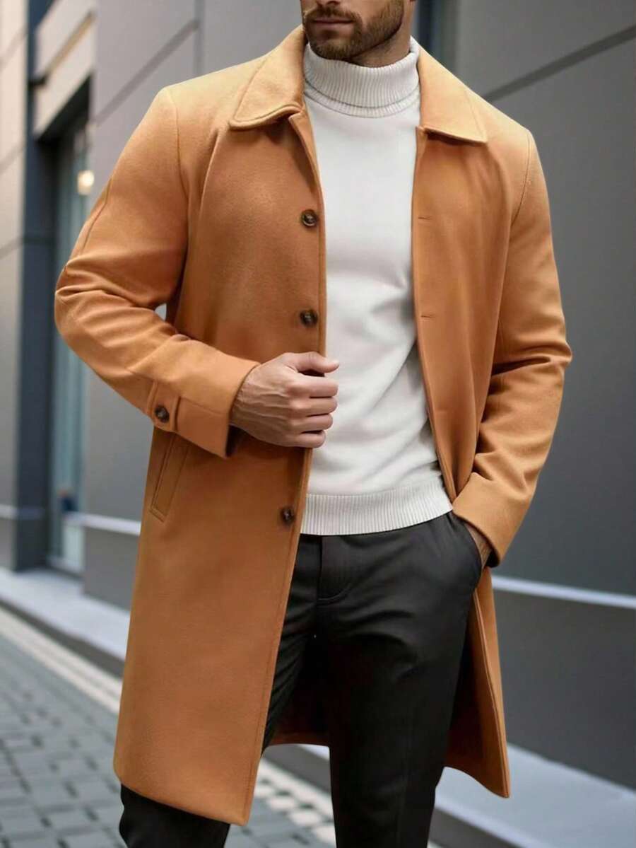 Manfinity Homme Men's Solid Color Pocket Long Sleeve Coat Jacket Men Coat Men Outerwear Fall Clothes For Men Camel Coat Men Men Overcoat - Orange - View 1