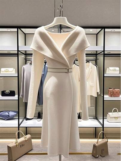 GlowEve Vestido midi de mujer de unicolor y cuello en V de manga larga, versátil para el otoño