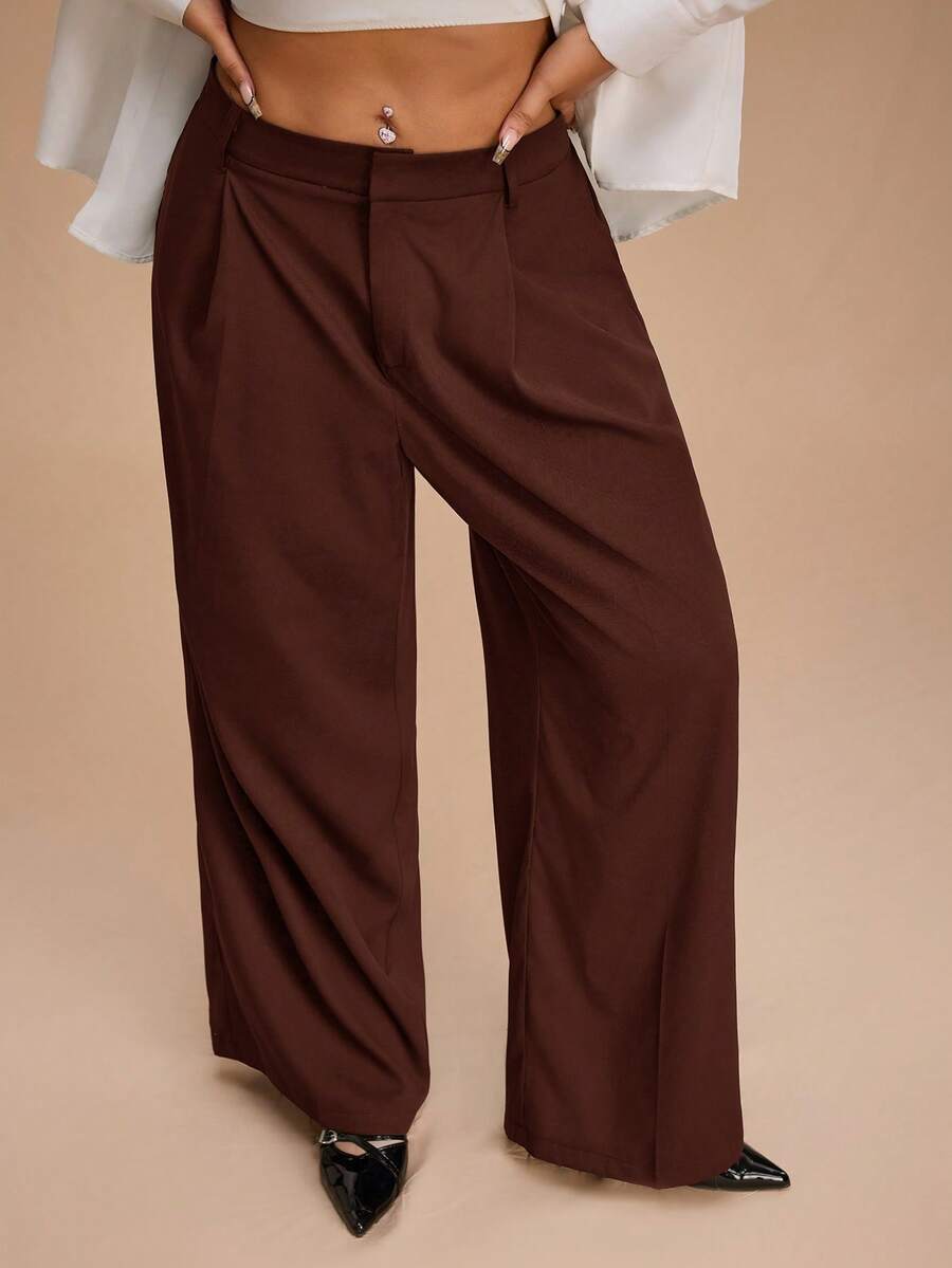 SHEIN Forever 21 大码女式休闲纯色宽松西装裤 - 鏽棕色 - 查看 1