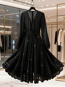 Franclia Váy dài tay ren màu vàng bạc thanh lịch, thường ngày, trang nhã, cỡ lớn dành cho nữ, mặc dự tiệc - màu đen - Xem 2