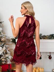 SHEIN Clasi 流苏亮片吊带紧身迷你连衣裙，优雅时尚，适合派对 - 紅色 - 查看 2