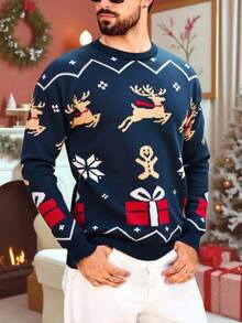 Manfinity RelaxMax Homme Noël Renne et Bonhomme en pain d'épices Motif Col Rond Manches Longues Tricot Décontracté, Automne/Hiver Noël Ce lien peut être utilisé pour la redirection Convient pour les cadeaux de famille assortis pour bébé fille/bébé garçon Thème de pull de Noël Famille Pull de Noël Pull de Renne