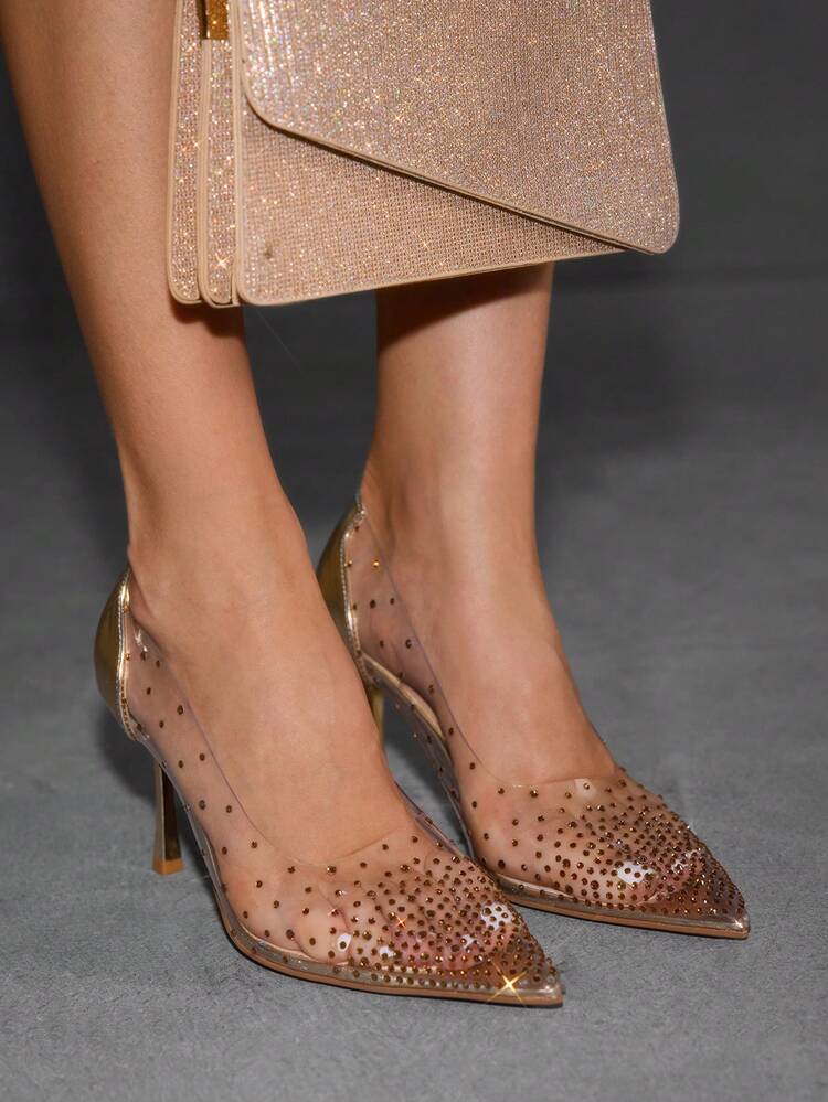 CUCCOO SZL Women's Fashion Pointed Toe Gold PU Splicing Transparent TPU Crystal Stiletto High Heel Party Shoes For Christmas Spring Shoes