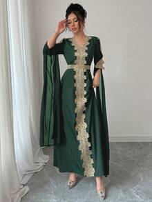 Rafferiza Áo choàng Abaya chắp vá tay dài cho nữ, váy Kaftan viền ren màu trơn - màu xanh lá - Xem 4