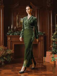 Anewsta High Quality Vintage Fashion Standard Size Women's Dress, Velvet & Lace Patchwork Dress, High Waist Slimming Christmas Party Gown, Luxurious Elegant Long Dress - Army Green - View 4