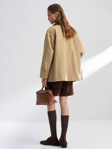 INAWLY Áo khoác da nữ dáng rộng nhiều túi cổ và tay áo tương phản - Màu Khaki - Xem 2