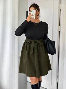 SHEIN Frenchy 大码女式高领黑色针织长袖上衣搭配卡其色灯芯绒 A 字裙，大码连衣裙适合日常穿着、约会、时尚 - 彩色 - 查看 5