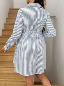 SHEIN Striped Long-Sleeved Casual Everyday Dress For Pregnant Women; Maternity Wear; Blue And White Striped Cotton Dress; Maternity Dress  Winter Dress Women  Winter Clothing Cotton Dresses Women Shirt Dress Long Sleeve Summer Dresses Blue And White Striped Dress Casual Dress - Blue and White - View 2