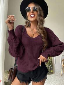 SHEIN Essnce Women's Casual Solid Color Drop Shoulder Sweater, Autumn/Winter, Fall - Red Violet - View 4
