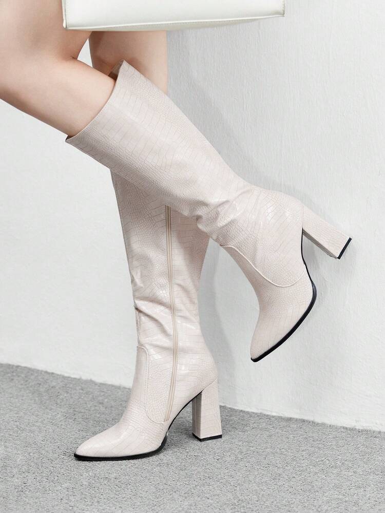 CUCCOO BIZCHIC High-Quality Snake Skin Pattern Tall Boots, Pointed Toe Chunky Heel Elegant Women's Boots, Fashion Versatile New Design Long Boots, Showcasing Feminine Charm And Elegant