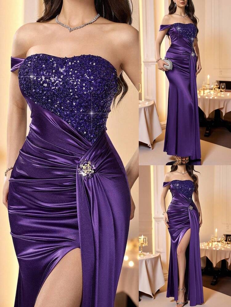 Coutiva Vestido de noche formal de mujer con hombros descubiertos, abertura alta y parches de lentejuelas elegantes - Morado - Añade 1