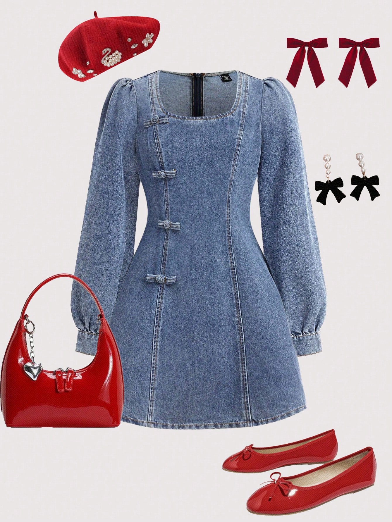 SHEIN فستان قصير بياقة مربعة من الجينز الأزرق للبن...