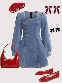 SHEIN Tween Girls Elegant Vinatge Square Neck Blue Denim Dress Fall Winter,Casual And Versatile For Girls Fall/Winter Dailywear And Streetwear Outfits,For Girls Halloween And Christmas Outfits,Girls New Year Clothes,Thanksgiving Outfit For Girls,Elegant Party Dresses For Girls,Girls Winter Dress,Tween Denim Clothes,Winter Clothes, Elegant Dress - Medium Wash - View 2