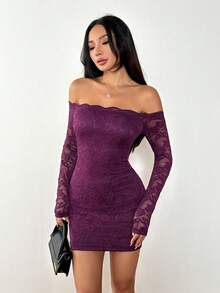 SHEIN PETITE Váy ngắn hở vai tay dài phối ren chắp vá dành cho nữ, Đầm mùa hè Quần áo mùa xuân - Màu tím - Xem 4