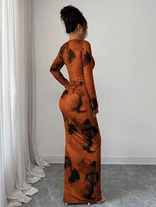 Elenzga 2件套女士时尚圆领优雅紧身不对称扎染图案长袖T恤，紧身扎染图案长裙套装 - 彩色 - 查看 2