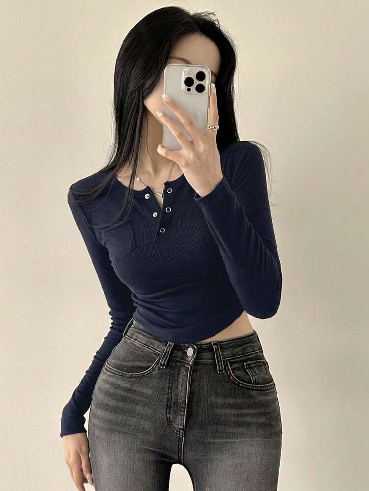 Solid Color Buttoned Half Placket Slim Fit Long Sleeve T-Shirt,Fall Clothes,Back To School Clothes