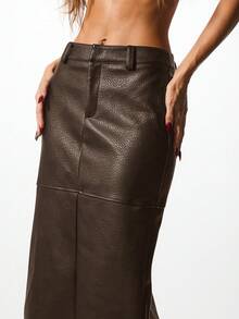 KIZN Falda lápiz de piel sintética de talle alto, falda columna de piel sintética de largo midi, moda de otoño e invierno - Marrón Chocolate - Ver 4