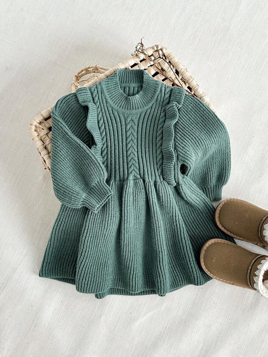 SHEIN 荷叶边纯色长袖舒适针织毛衣裙,秋冬 - 綠色 - 查看 1