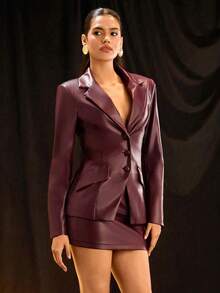 Glamine Bộ đồ thời trang thanh lịch, trang phục công sở thường ngày, áo khoác da PU cổ khoét ôm vừa vặn và chân váy bút chì màu đỏ tía dành cho nữ - Màu Đỏ Sâu - Xem 5