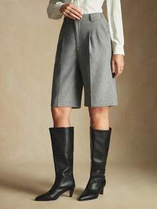 BizChic 2025秋冬新款灰色褶裥腰侧口袋百慕大短裤，复古别致优雅都市通勤休闲浪漫90年代圣诞节新年、感恩节派对海滩毕业典礼时尚百搭简约浪漫，适合婚礼宾客、主人、约会、派对、音乐会、早午餐、机场等多种场合。 - 灰色 - 查看 4