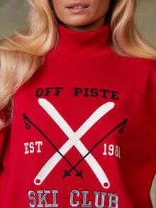 Athîral 2025 Winterkollektion Neuheit: Locker sitzender bestickter Grafik "SKI CLUB" Sweatshirt, roter Sweatshirt, perfekt für Winter, Weihnachten, Feiertage, bequem, süß, Feiertage, Lässig Feiertage, Après-Ski Tragen, Winteroberbekleidung - Rot - Übersicht 5