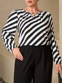 Plus Size Fashionable Commuter Contrast Stripe Shirt Elegant Blouses For Women  Stylish Women's Blouses - Black and White - View 4