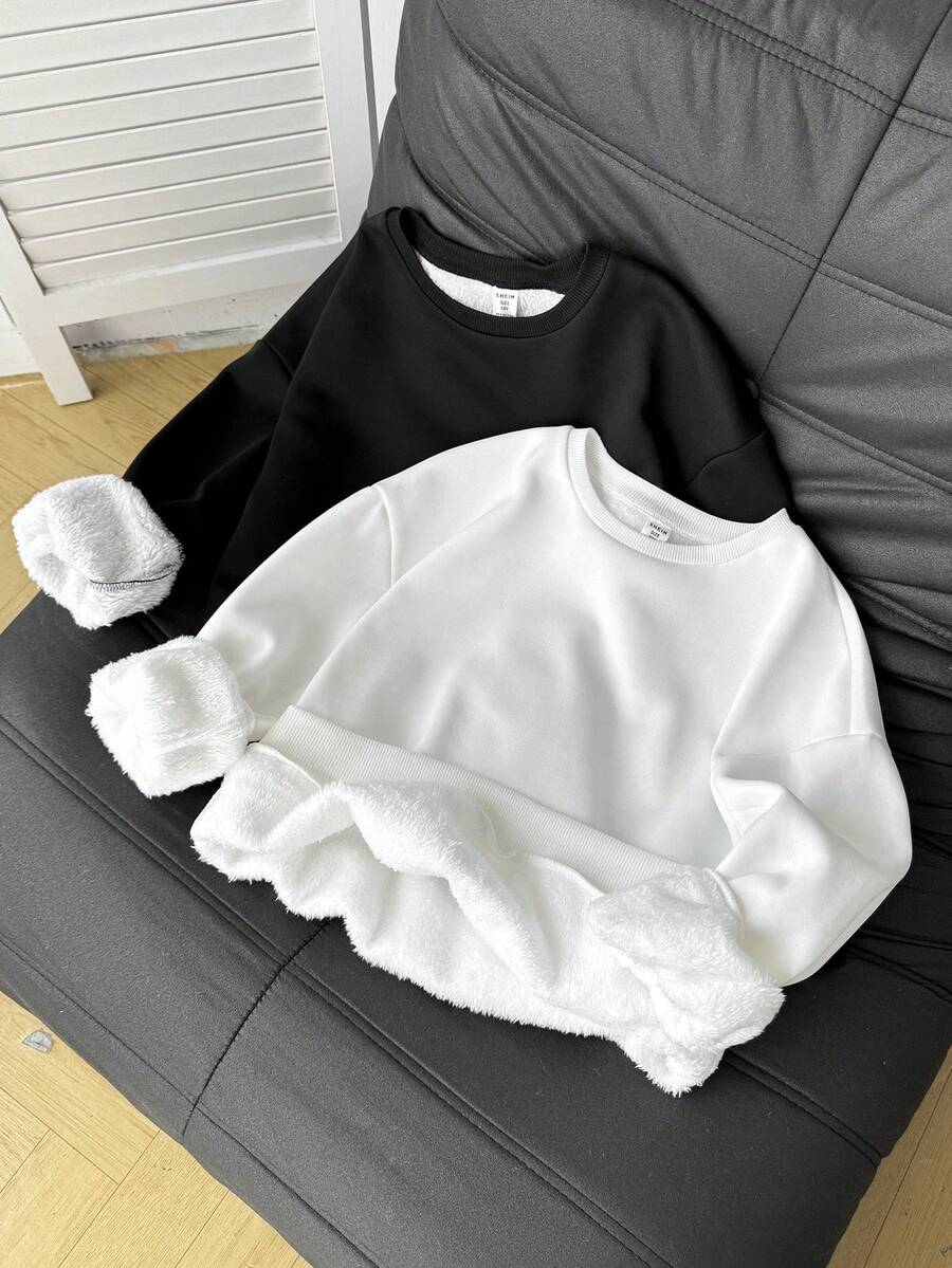 SHEIN Tween Girls' Loose Casual Minimalist Comfortable Crew Neck Pullover Sweatshirt, Multi-Pack - Black and White - View 1