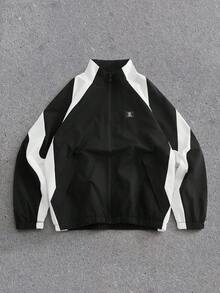 EASEVO Plus Size Men's Contrast Color Patchwork Long Sleeve Jacket - Black and White - View 1