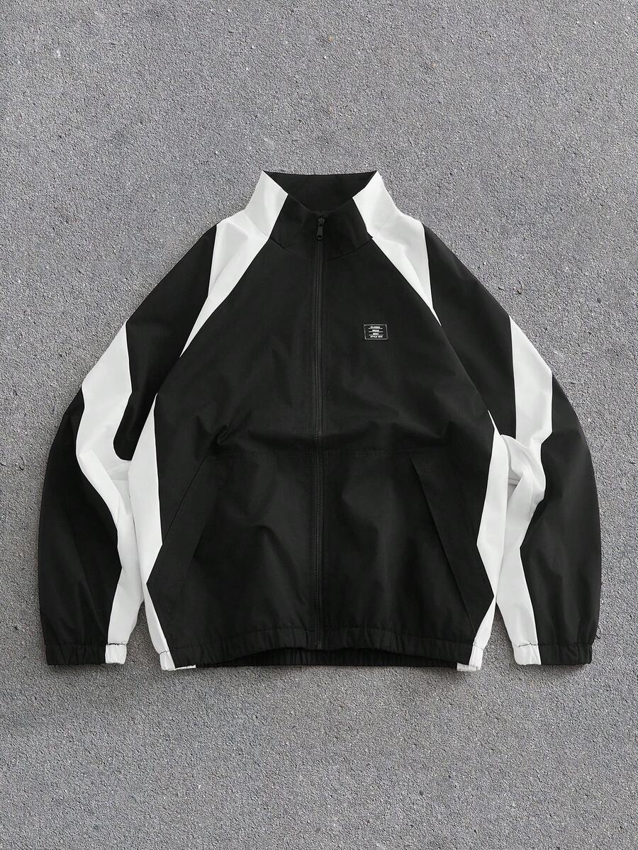 EASEVO Plus Size Men's Contrast Color Patchwork Long Sleeve Jacket - Black and White - View 1