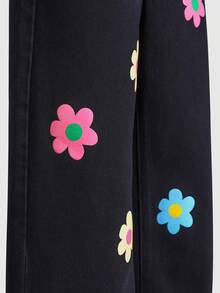 SHEIN Explorewe 青少年女孩牛仔裤，2025 年秋冬新品，两件套，花卉印花设计，舒适贴身，百搭直筒宽松休闲阔腿牛仔裤，适合外出、上学、通勤、派对、圣诞节，完美之选 - 彩色 - 查看 3