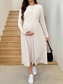 SHEIN 孕妇纯色圆领长袖腰系带休闲连衣裙 - 杏色 - 查看 6